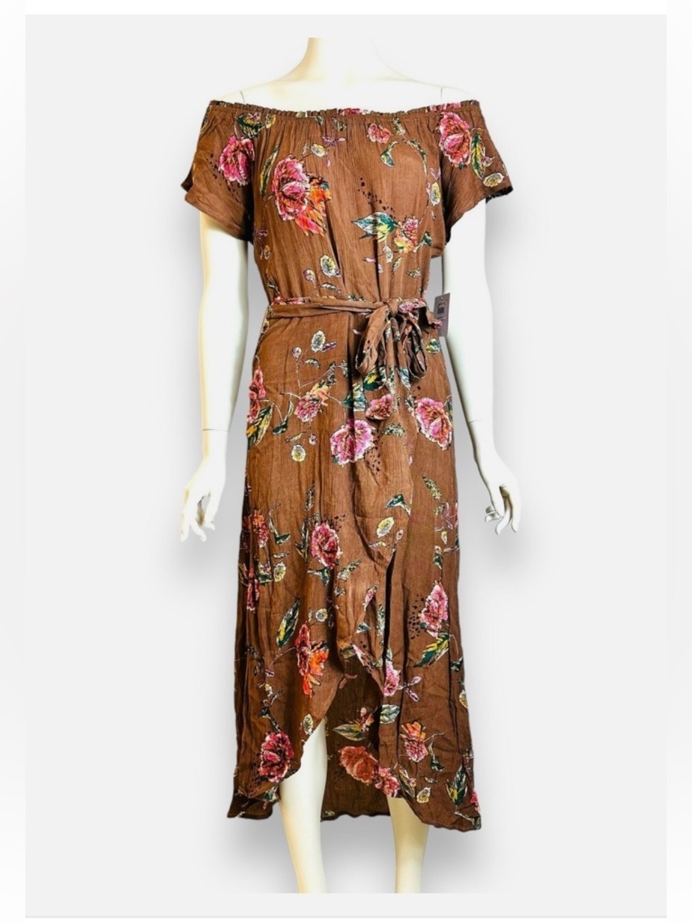 O'Neill Conners Off The Shoulder Midi Dress Large Women's Floral Brown Tie - Picture 4 of 6